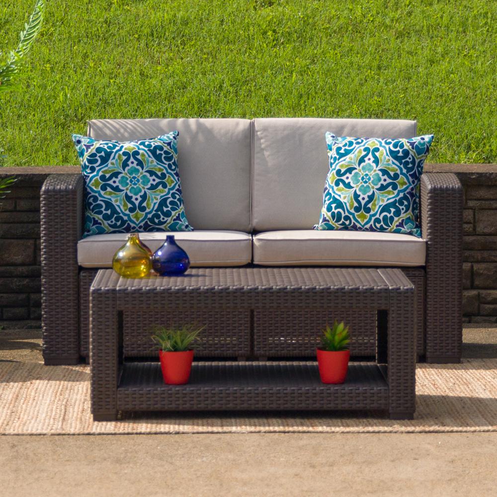 Chocolate Brown Faux Rattan Loveseat with All-Weather Beige Cushions - Flash Furniture