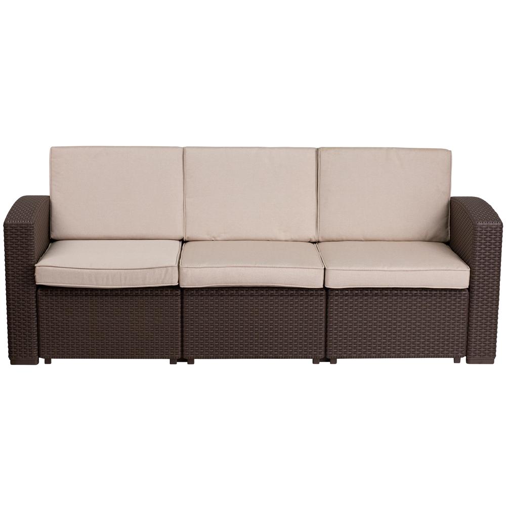 Chocolate Brown Faux Rattan Sofa with All-Weather Beige Cushions - Flash Furniture