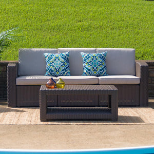 Chocolate Brown Faux Rattan Sofa with All-Weather Beige Cushions - Flash Furniture