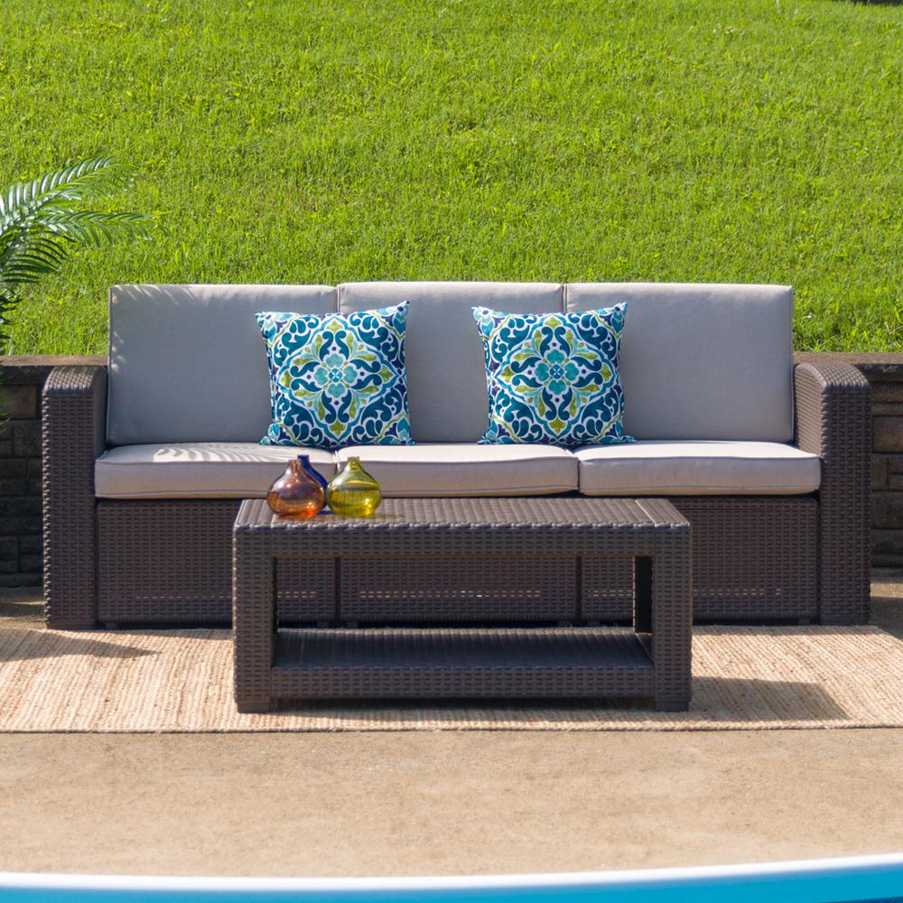 Chocolate Brown Faux Rattan Sofa with All-Weather Beige Cushions - Flash Furniture