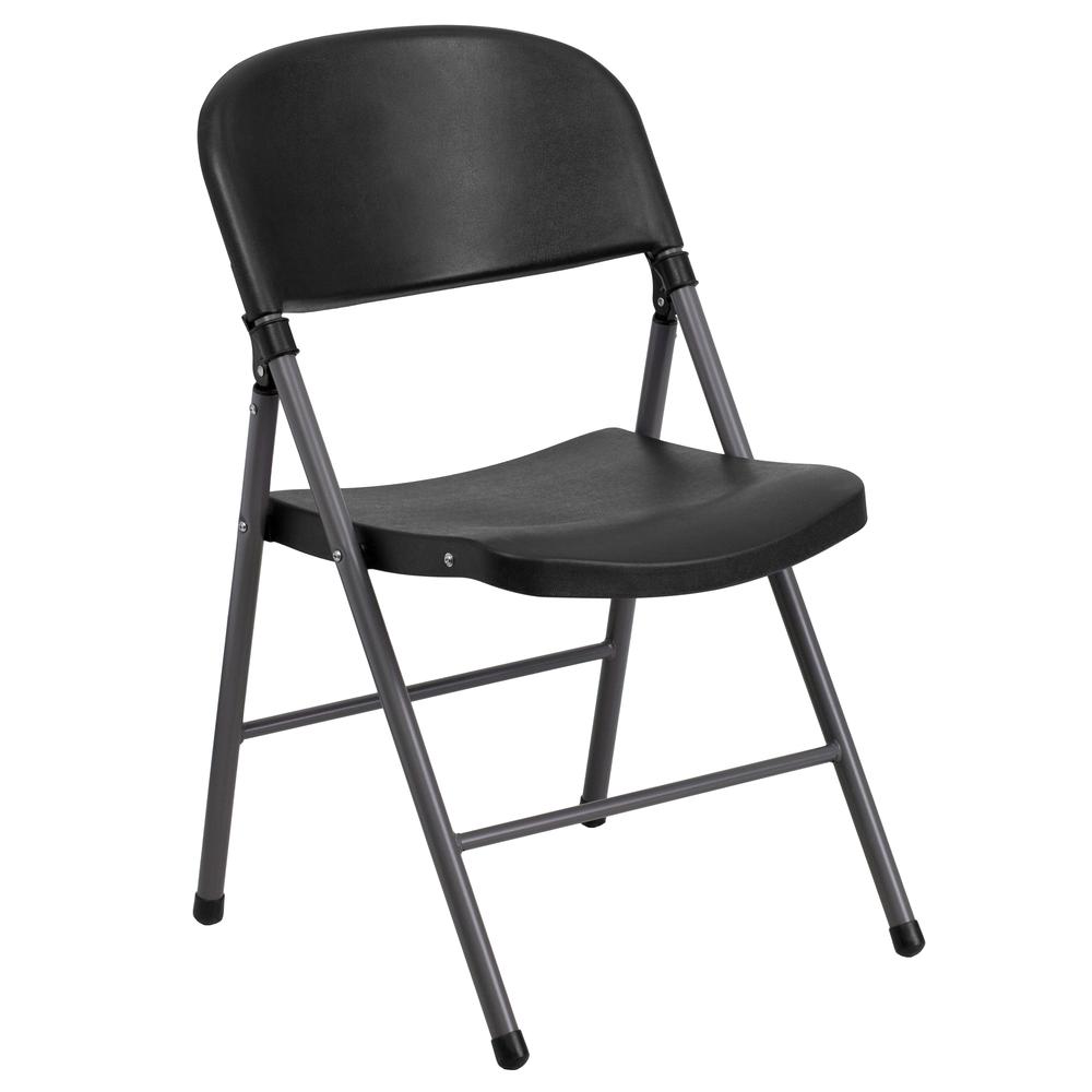 HERCULES Series 330 lb. Capacity Black Plastic Folding Chair with Charcoal Frame - Flash Furniture
