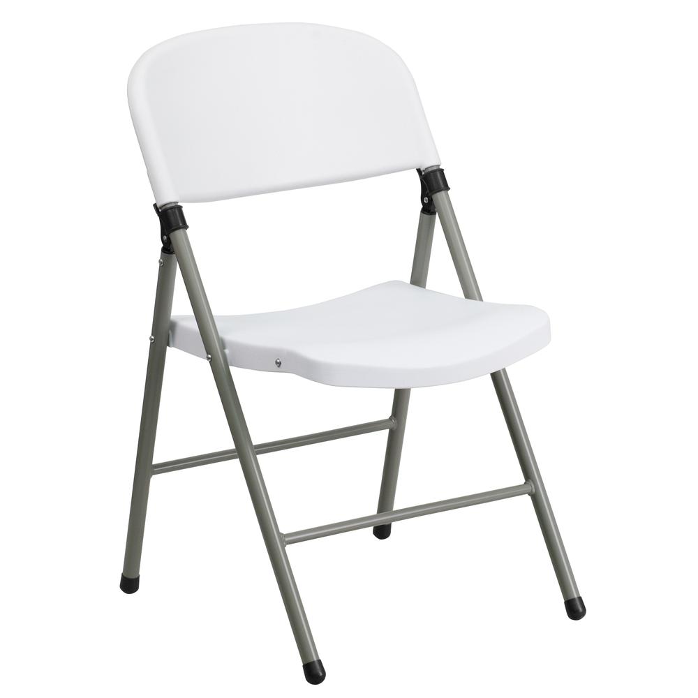 HERCULES Series 330 lb. Capacity White Plastic Folding Chair with Gray Frame - Flash Furniture