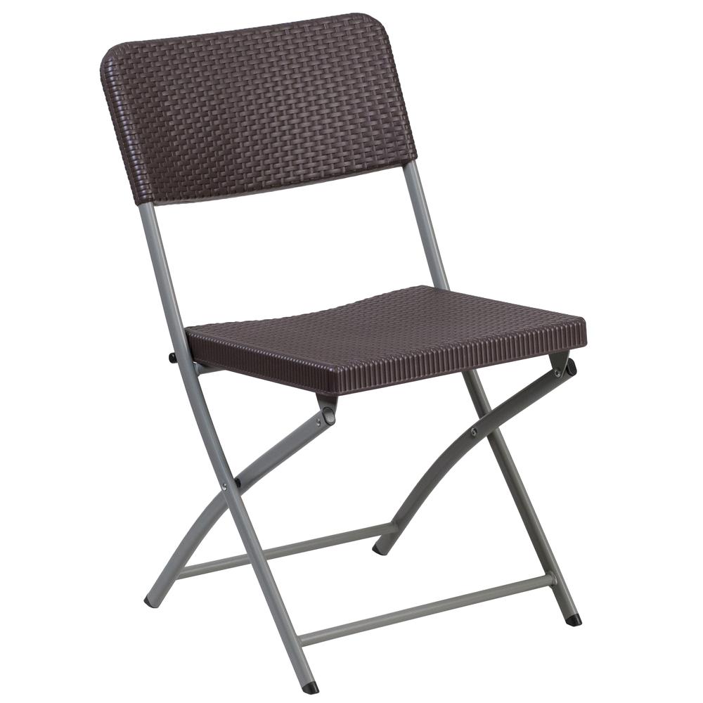 HERCULES Series Brown Rattan Plastic Folding Chair with Gray Frame - Flash Furniture