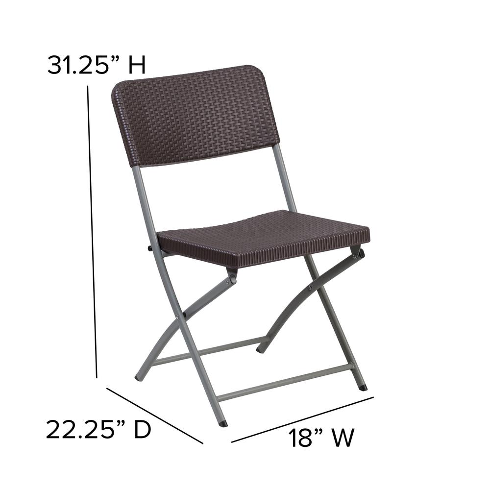 HERCULES Series Brown Rattan Plastic Folding Chair with Gray Frame - Flash Furniture