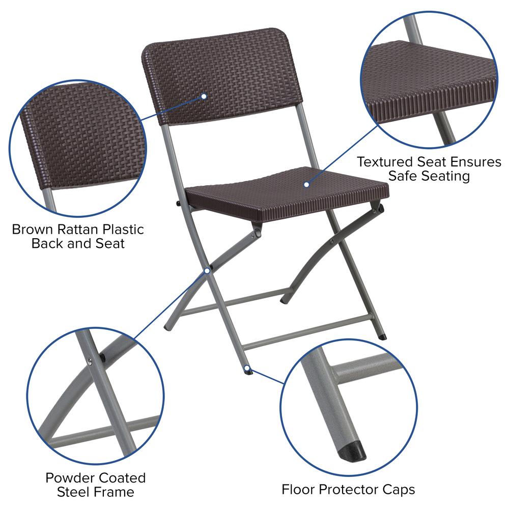 HERCULES Series Brown Rattan Plastic Folding Chair with Gray Frame - Flash Furniture