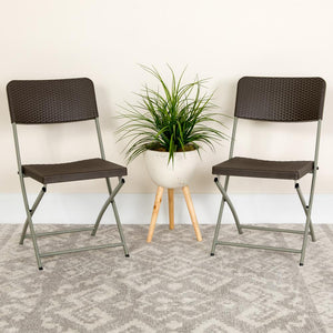HERCULES Series Brown Rattan Plastic Folding Chair with Gray Frame - Flash Furniture