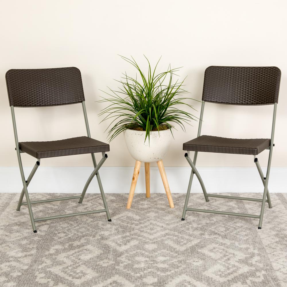 HERCULES Series Brown Rattan Plastic Folding Chair with Gray Frame - Flash Furniture