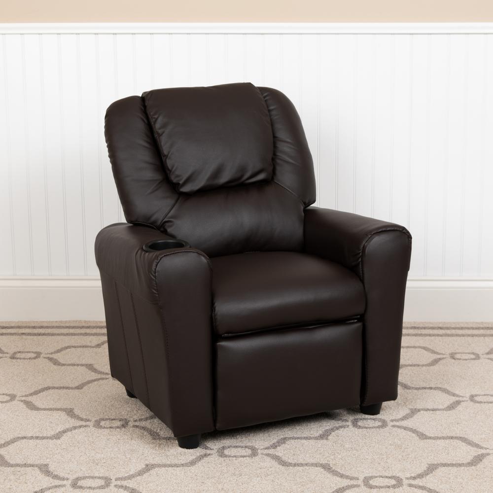 Contemporary Brown LeatherSoft Kids Recliner with Cup Holder and Headrest - Flash Furniture