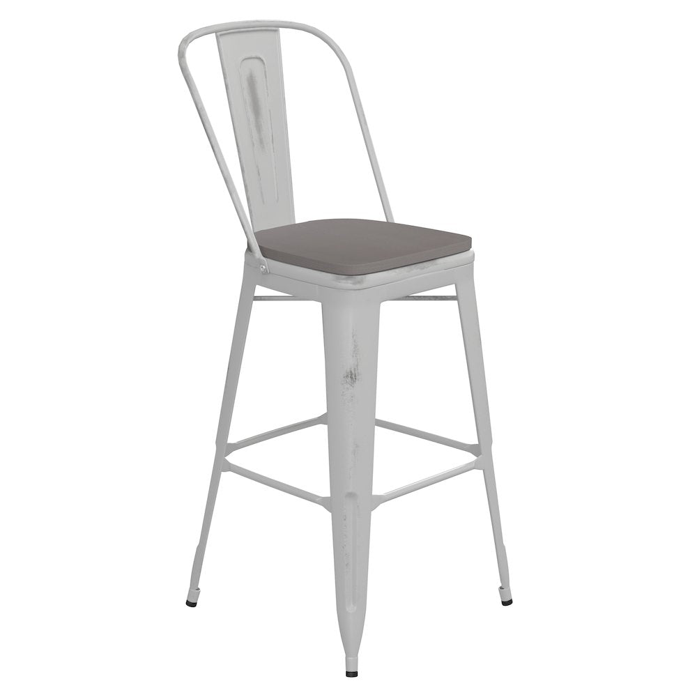 30'' High White Metal Indoor-Outdoor Barstool with Gray Poly Resin Wood Seat - Flash Furniture
