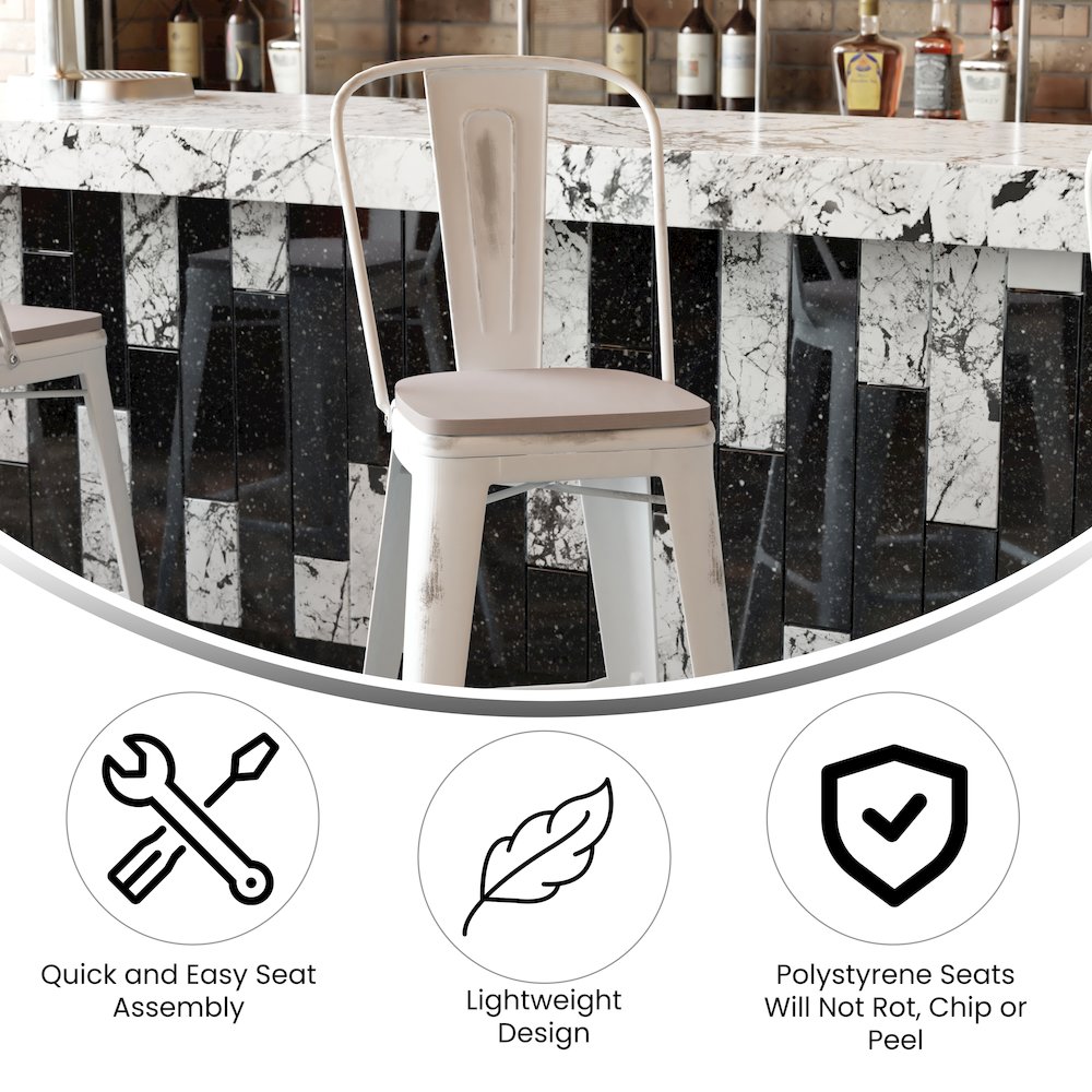 30'' High White Metal Indoor-Outdoor Barstool with Gray Poly Resin Wood Seat - Flash Furniture