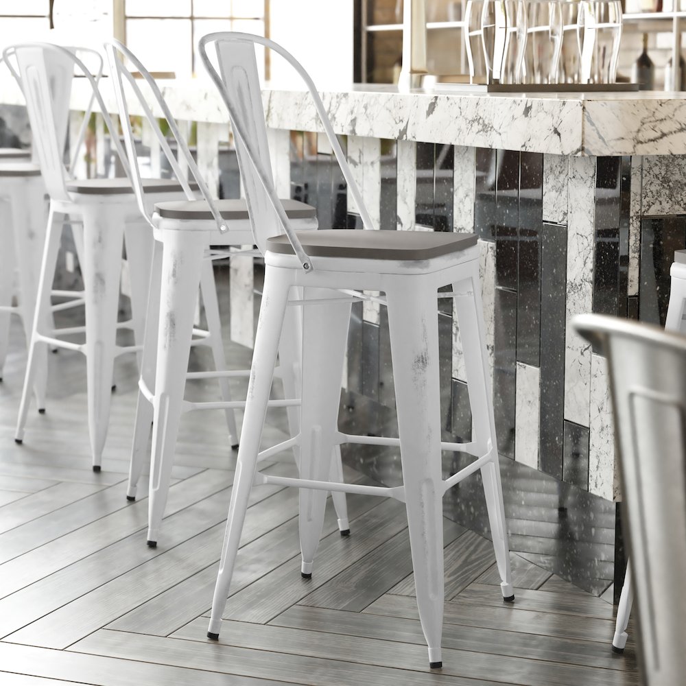 30'' High White Metal Indoor-Outdoor Barstool with Gray Poly Resin Wood Seat - Flash Furniture