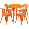 31.5'' Square Orange Metal Indoor-Outdoor Table Set with 4 Arm Chairs - Flash Furniture