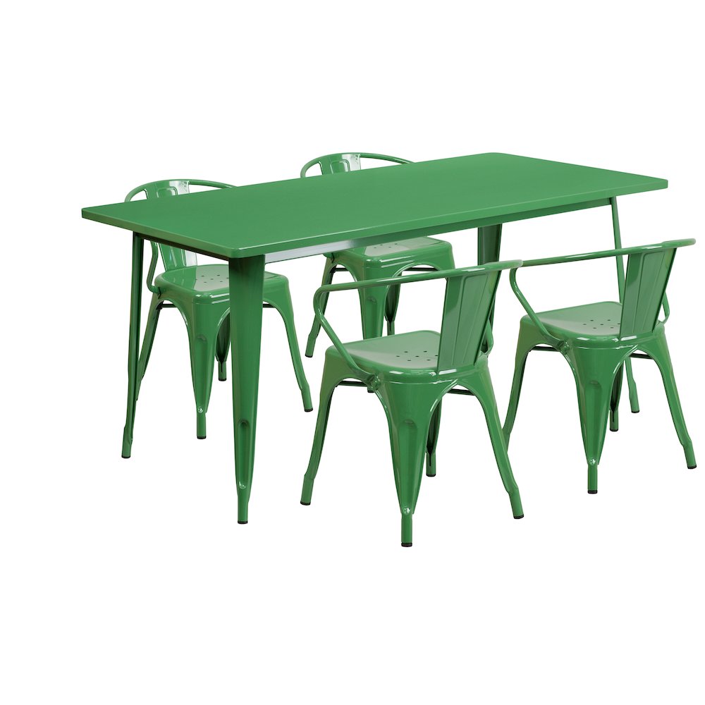 31.5'' x 63'' Rectangular Green Metal Indoor-Outdoor Table Set with 4 Arm Chairs - Flash Furniture