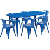 31.5'' x 63'' Rectangular Blue Metal Indoor-Outdoor Table Set with 6 Arm Chairs - Flash Furniture