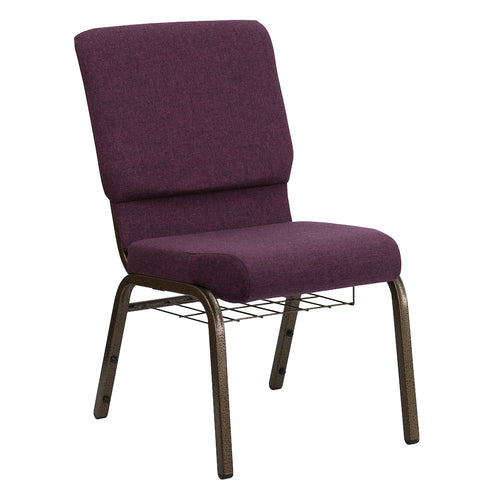 18.5''W Church Chair in Plum Fabric with Cup Book Rack - Gold Vein Frame - Flash Furniture