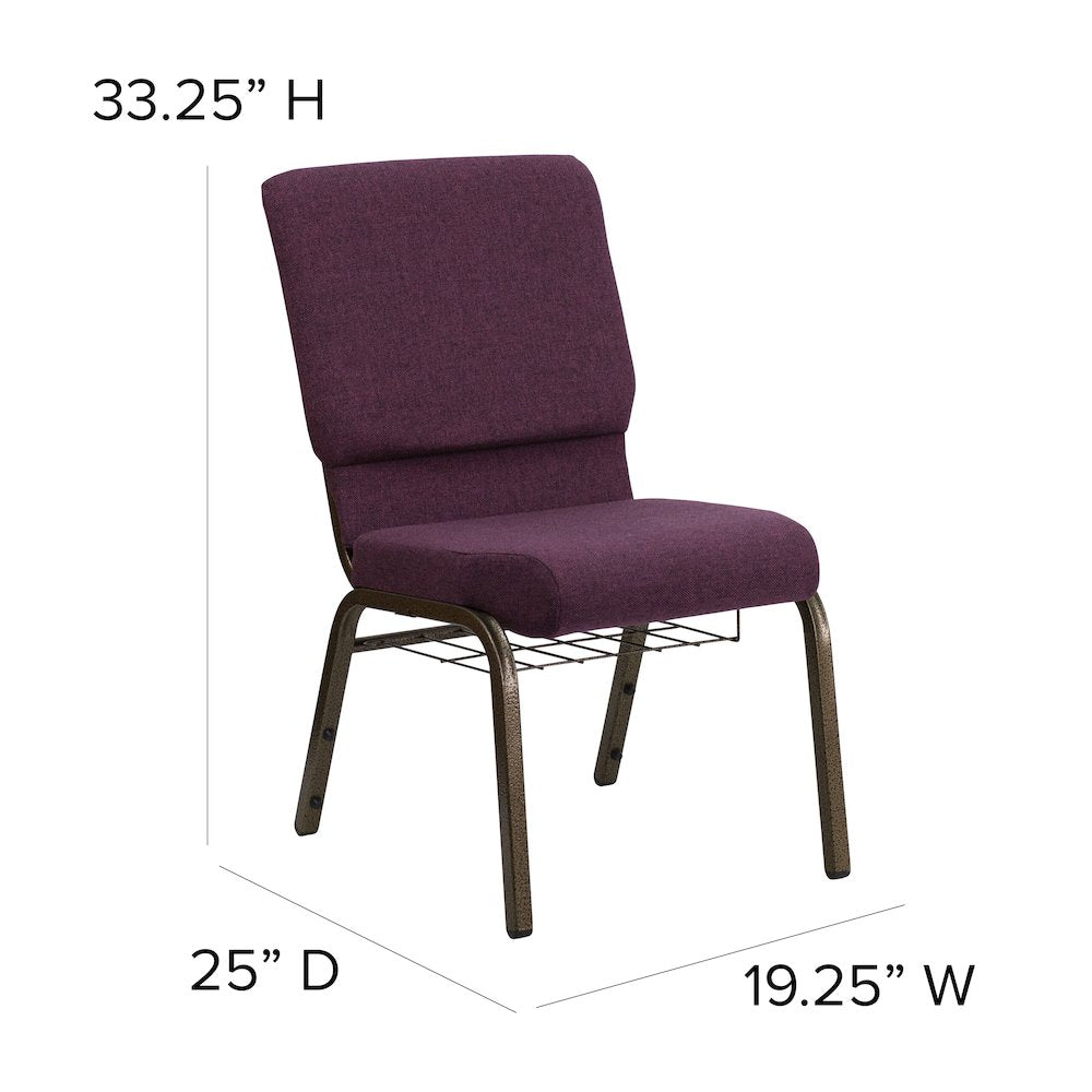 18.5''W Church Chair in Plum Fabric with Cup Book Rack - Gold Vein Frame - Flash Furniture