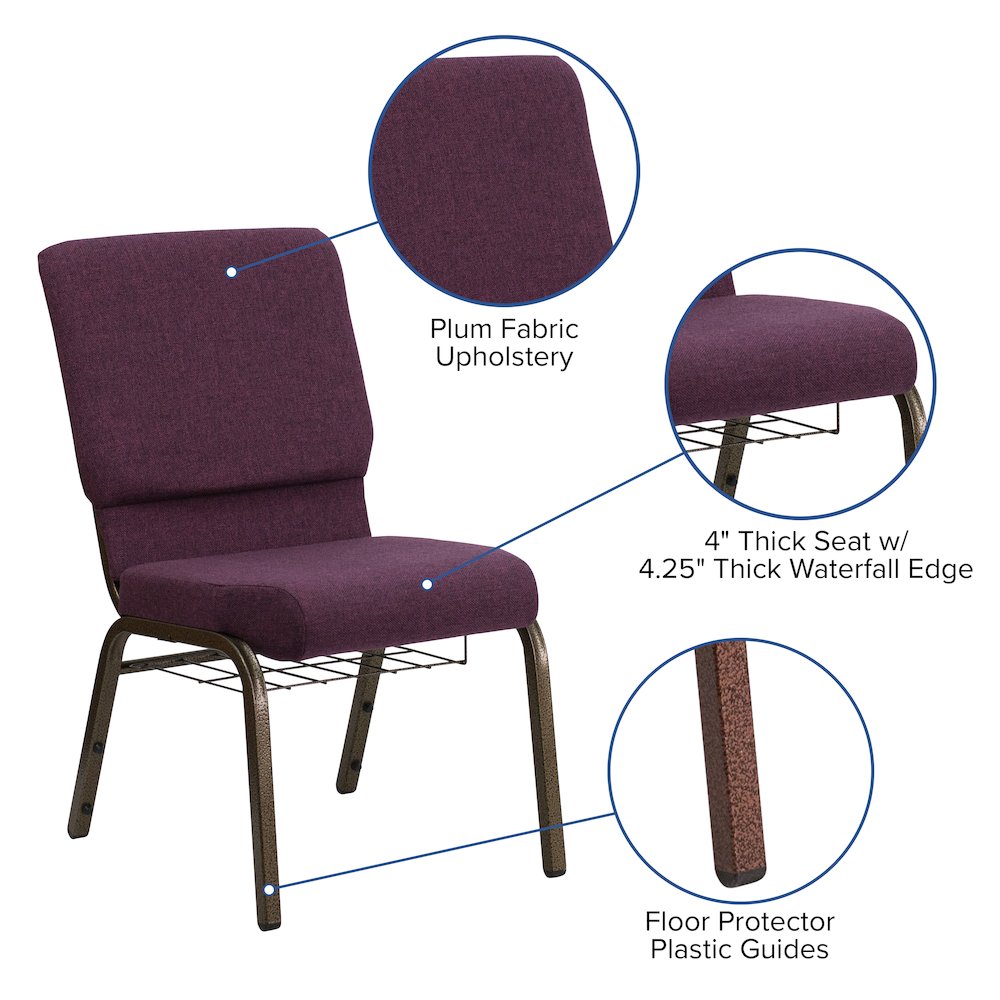 18.5''W Church Chair in Plum Fabric with Cup Book Rack - Gold Vein Frame - Flash Furniture