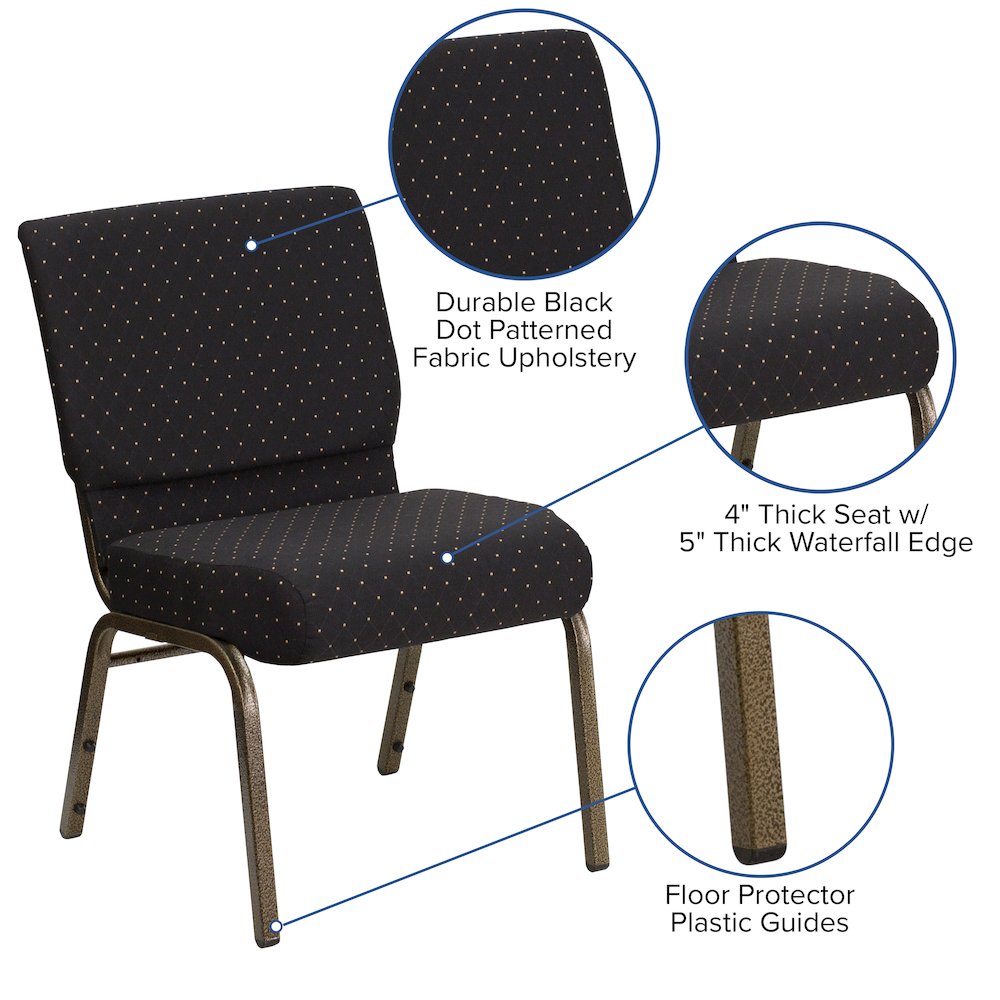 21''W Stacking Church Chair in Black Dot Patterned Fabric - Gold Vein Frame - Flash Furniture