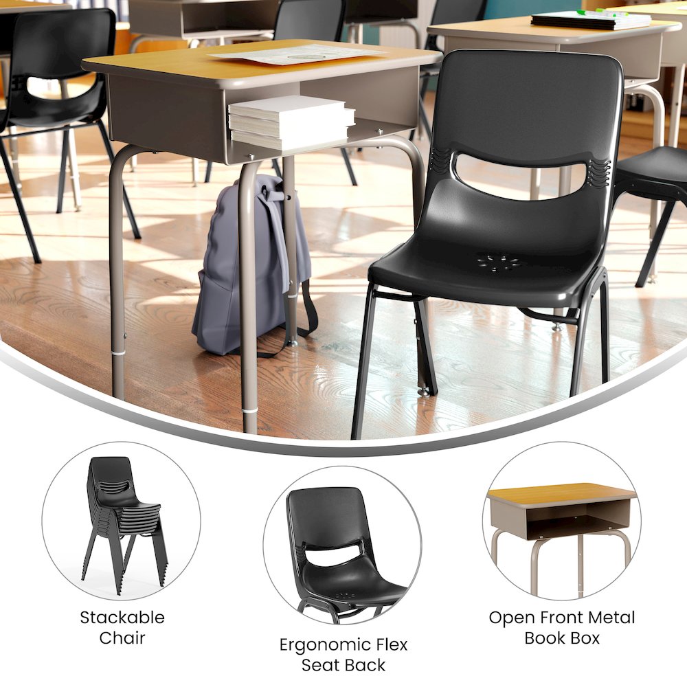 Desk with Open Front Metal Book Box, Maple Desktop, Black Stack Chair - Flash Furniture
