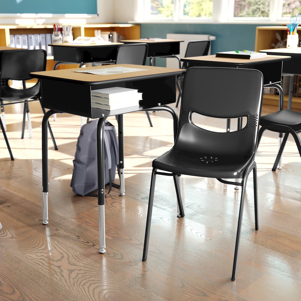 Desk with Open Front Metal Book Box, Natural Desktop, Black Stack Chair - Flash Furniture