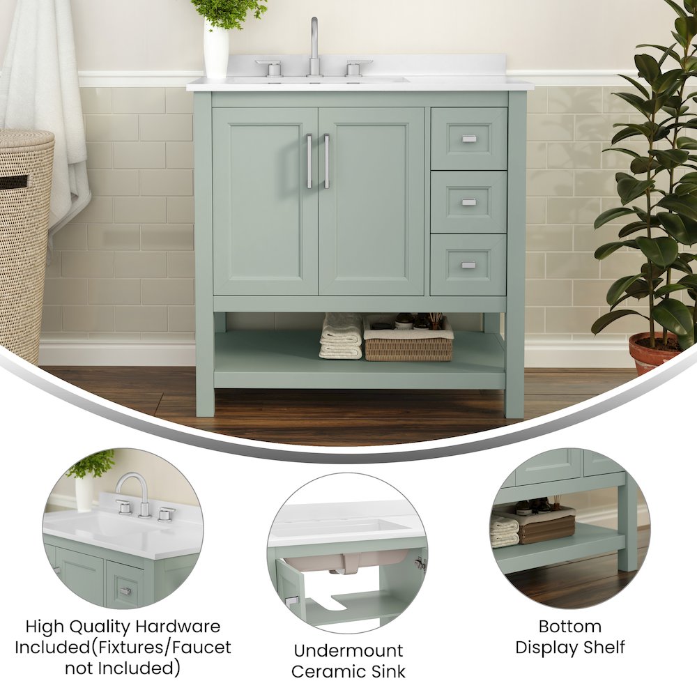 36in Bathroom Vanity with Storage Drawers and Sink Combo, Sage Frame - Flash Furniture