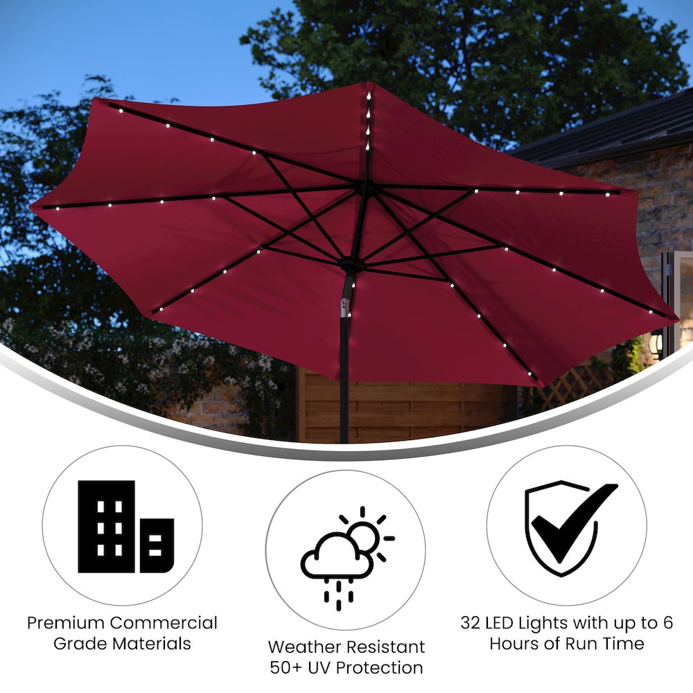 9 FT Round Umbrella with 32 Solar LED Lights and Crank, Red - Flash Furniture