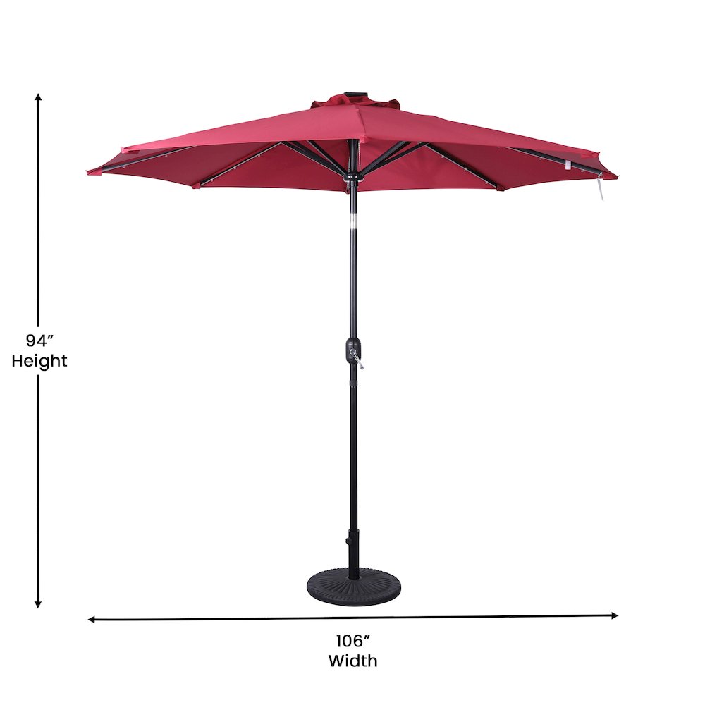 9 FT Round Umbrella with 32 Solar LED Lights and Crank, Red - Flash Furniture