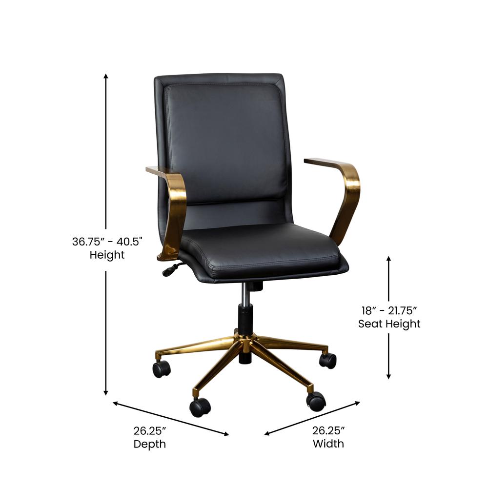Mid-Back Designer Executive Office Chair with Brushed Gold Base and Arms, Black - Flash Furniture