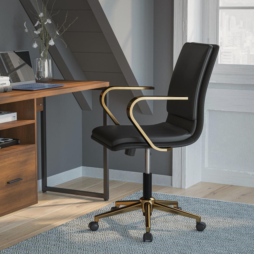 Mid-Back Designer Executive Office Chair with Brushed Gold Base and Arms, Black - Flash Furniture