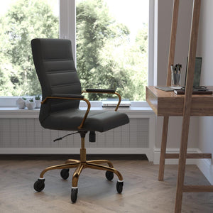 High Back Black Executive Swivel Office Chair with Gold Frame, Arms, - Flash Furniture