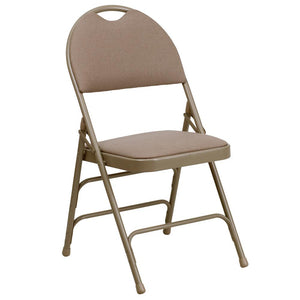 HERCULES Series Ultra-Premium Triple Braced Beige Fabric Metal Folding Chair with Easy-Carry Handle - Flash Furniture