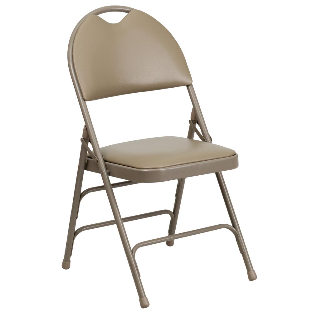 HERCULES Series Ultra-Premium Triple Braced Beige Vinyl Metal Folding Chair with Easy-Carry Handle - Flash Furniture