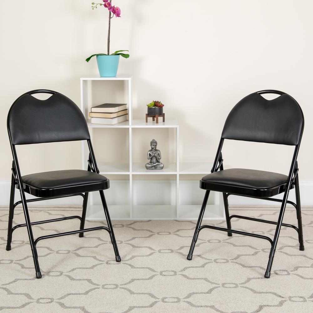 HERCULES Series Ultra-Premium Triple Braced Black Vinyl Metal Folding Chair with Easy-Carry Handle - Flash Furniture