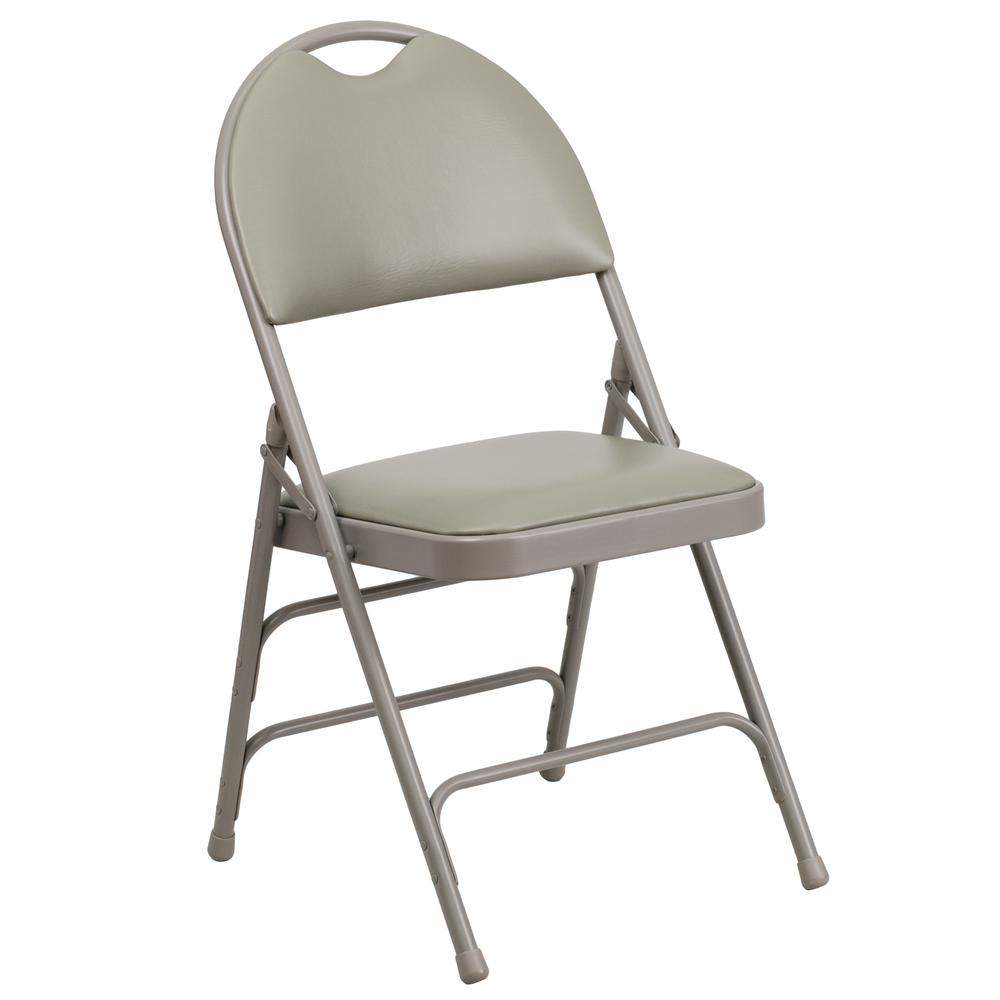 HERCULES Series Ultra-Premium Triple Braced Gray Vinyl Metal Folding Chair with Easy-Carry Handle - Flash Furniture