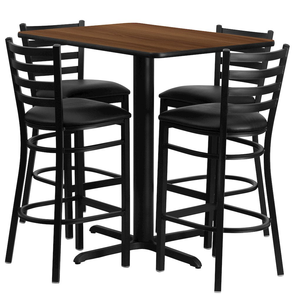 24''W x 42''L Walnut Table Set with 4 Metal Barstools - Black Vinyl Seat - Flash Furniture