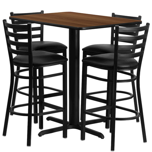 24''W x 42''L Walnut Table Set with 4 Metal Barstools - Black Vinyl Seat - Flash Furniture