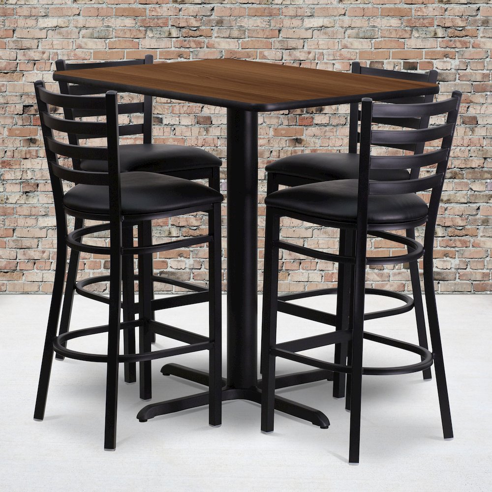 24''W x 42''L Walnut Table Set with 4 Metal Barstools - Black Vinyl Seat - Flash Furniture