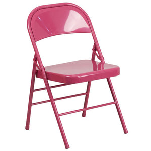 HERCULES COLORBURST Series Shockingly Fuchsia Triple Braced & Double Hinged Metal Folding Chair - Flash Furniture