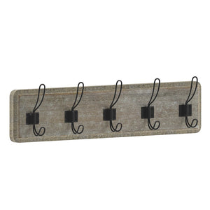 Wall Mounted 24 in Weathered Solid Pine Wood Storage Rack with 5 Hooks - Flash Furniture