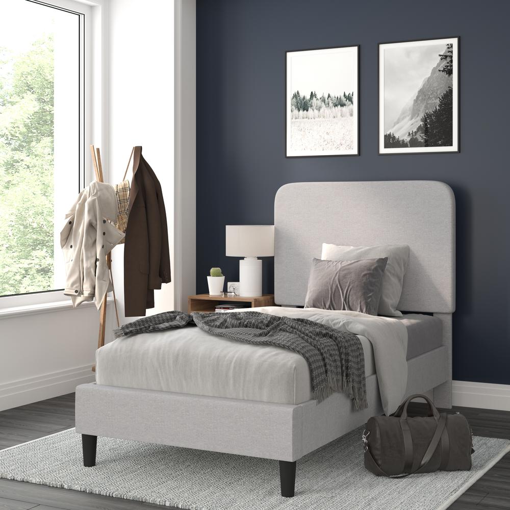 Light Grey Twin Fabric Upholstered Platform Bed - Headboard with Rounded Edges - Flash Furniture
