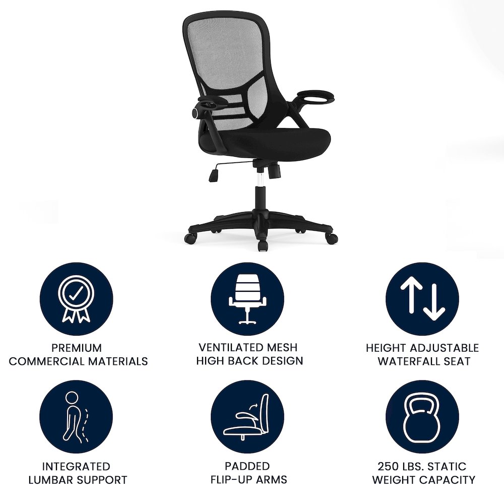 High Back Black Mesh Swivel Office Chair with Black Frame and Flip-up Arms - Flash Furniture