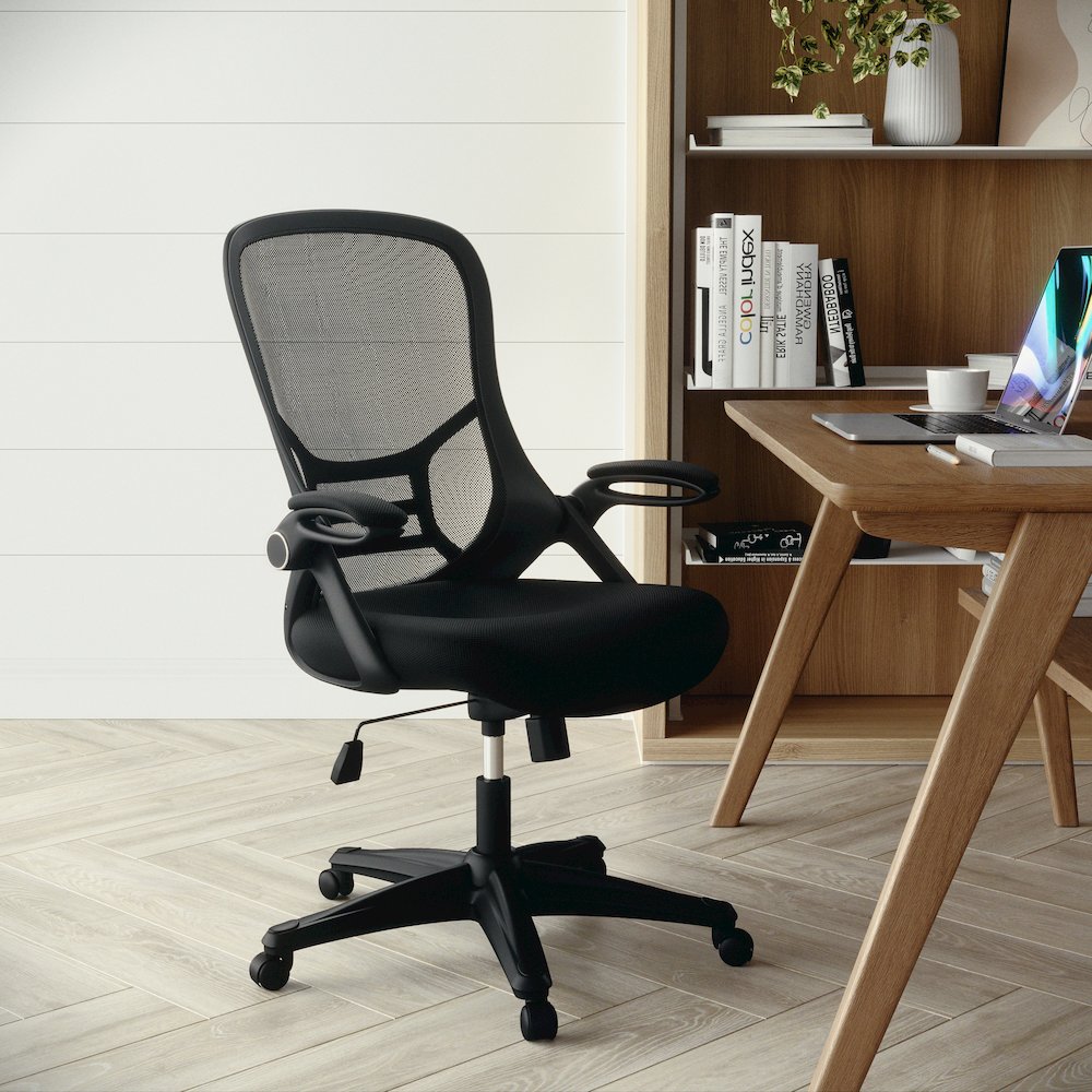 High Back Black Mesh Swivel Office Chair with Black Frame and Flip-up Arms - Flash Furniture