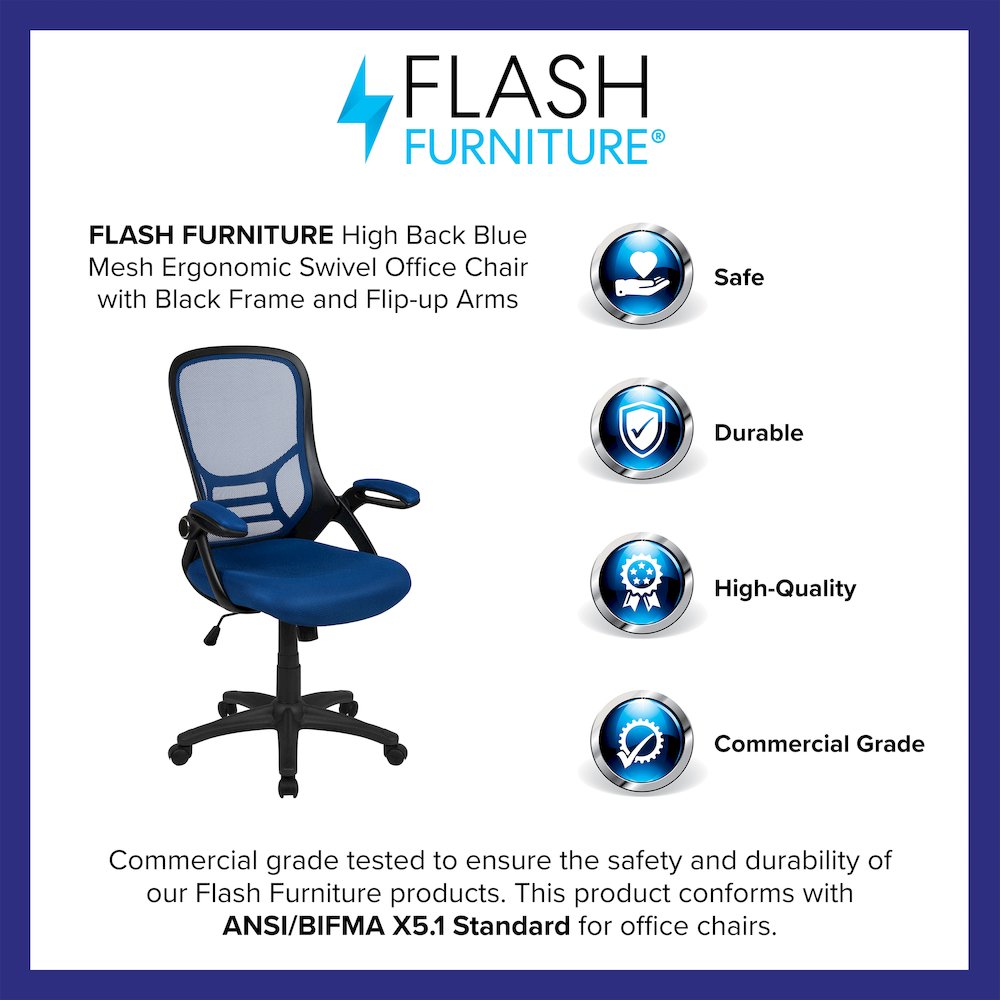 High Back Blue Mesh Swivel Office Chair with Black Frame and Flip-up Arms - Flash Furniture