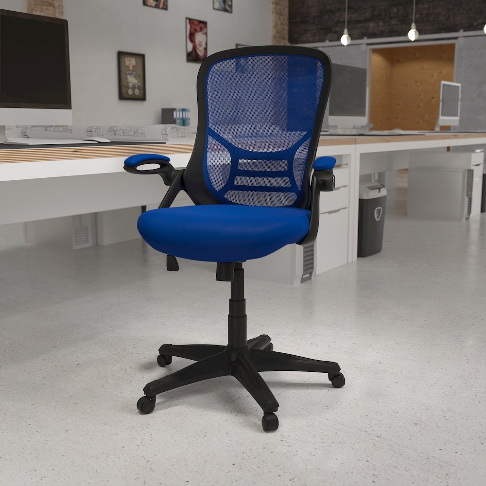 High Back Blue Mesh Swivel Office Chair with Black Frame and Flip-up Arms - Flash Furniture