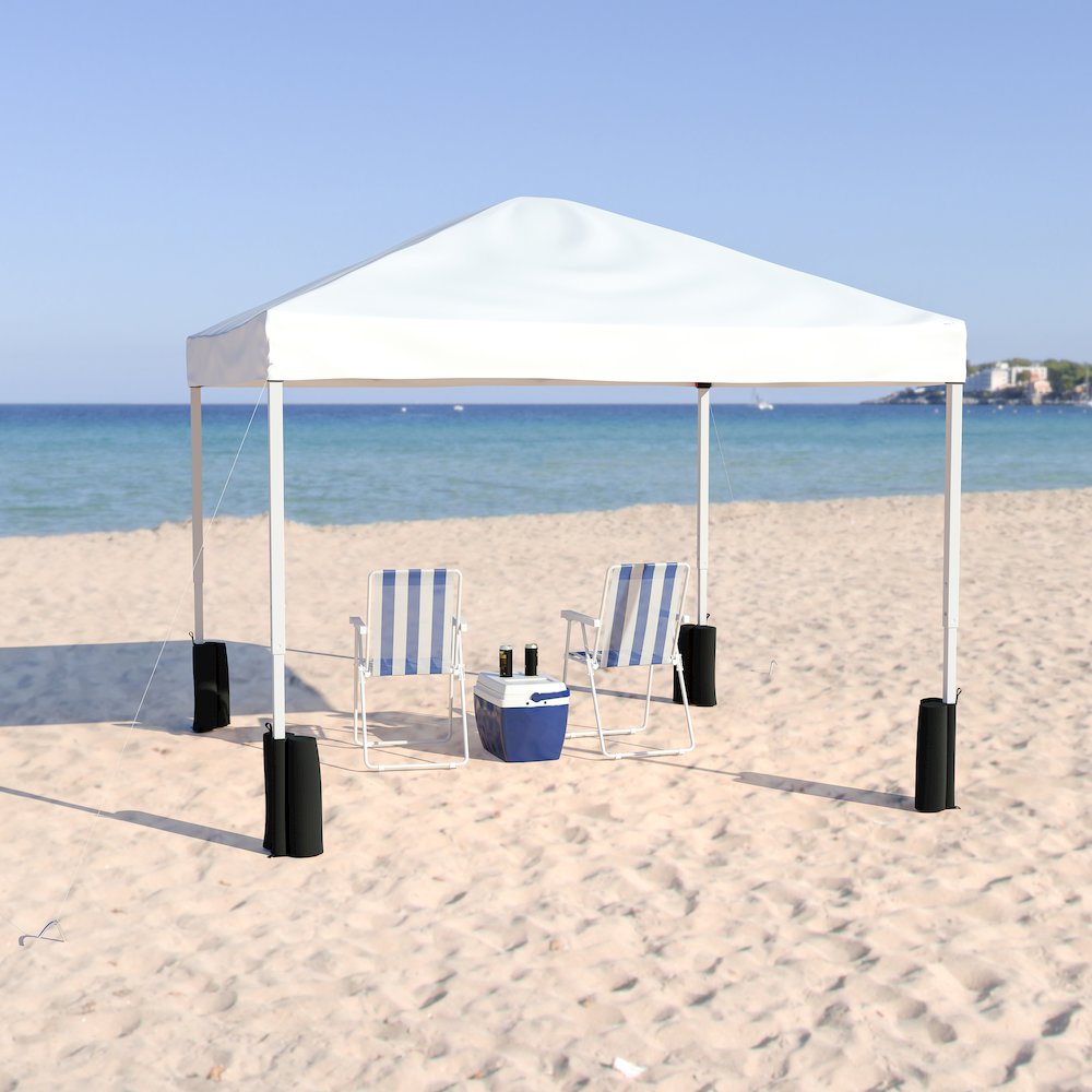 10'x10' White Event Straight Leg Canopy Tent with Sandbags and Wheeled Case - Flash Furniture