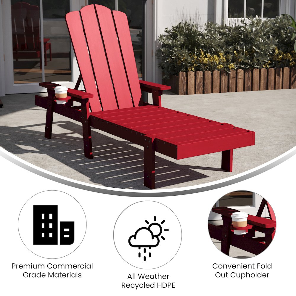 Adjustable Adirondack Lounger with Cup Holder, Red - Flash Furniture