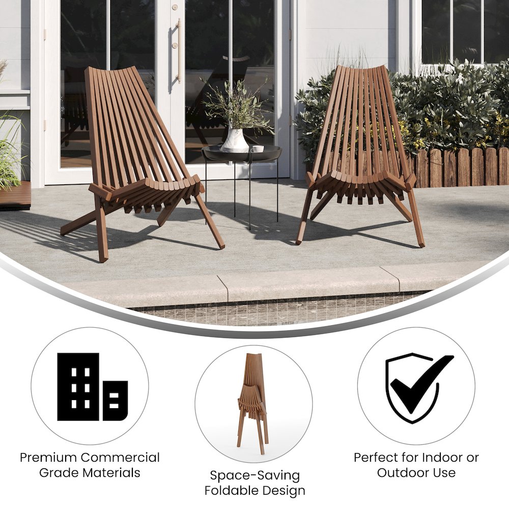 Folding Acacia Wood Chair, Low Profile Lounge for Patio, Porch, Garden, Brown - Flash Furniture