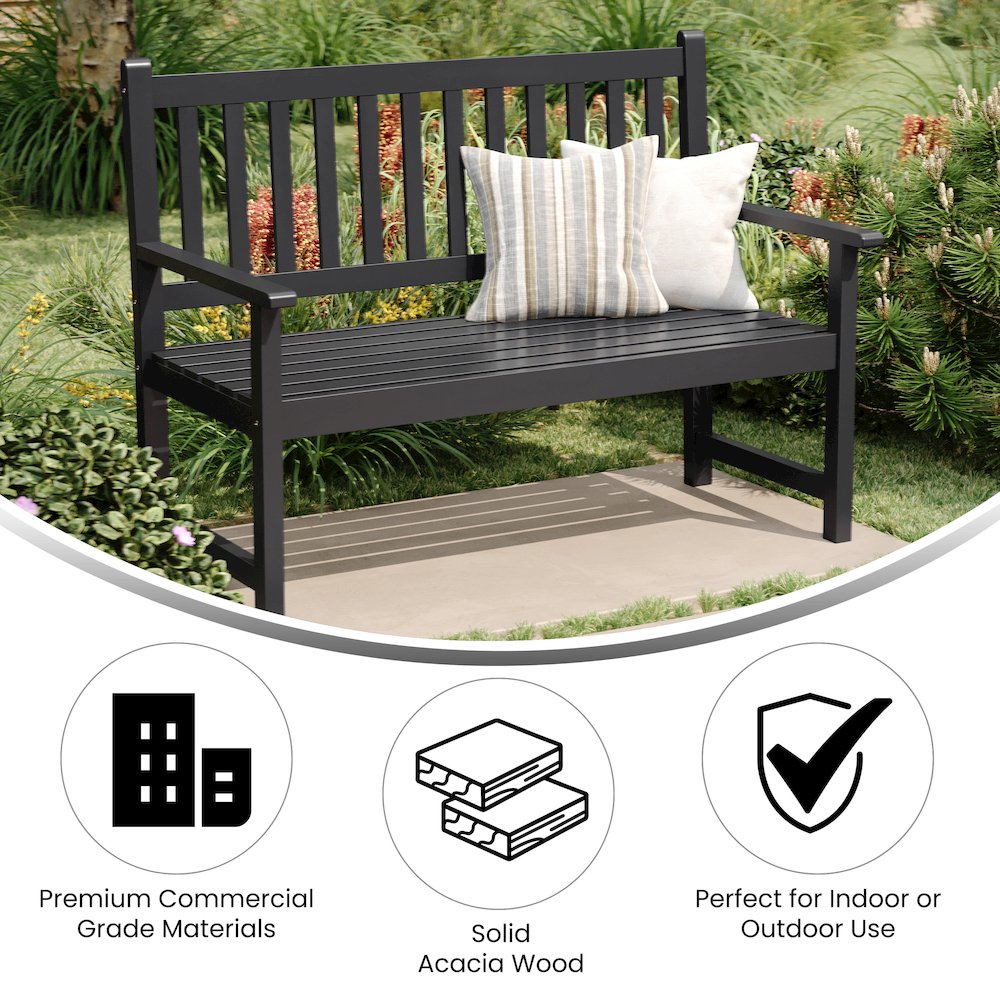 Patio Acacia Wood Bench, 2-Person Slatted Seat Loveseat, Black - Flash Furniture
