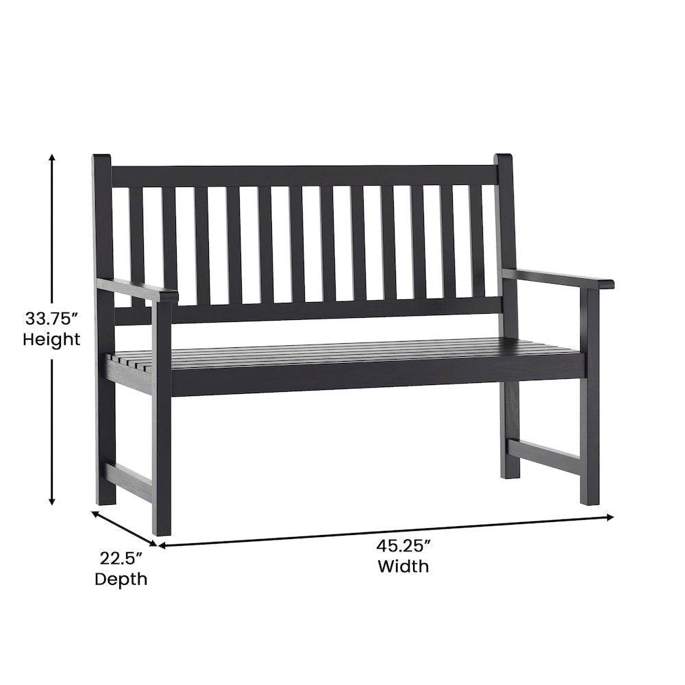 Patio Acacia Wood Bench, 2-Person Slatted Seat Loveseat, Black - Flash Furniture