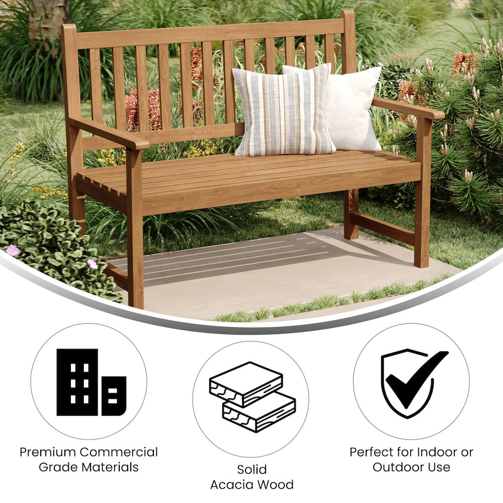 Patio Acacia Wood Bench, 2-Person Slatted Seat Loveseat , Brown - Flash Furniture